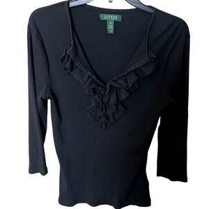 Lauren Ralph Lauren Black Ribbed Ruffled V Neck 3/4 Sleeve Size Medium